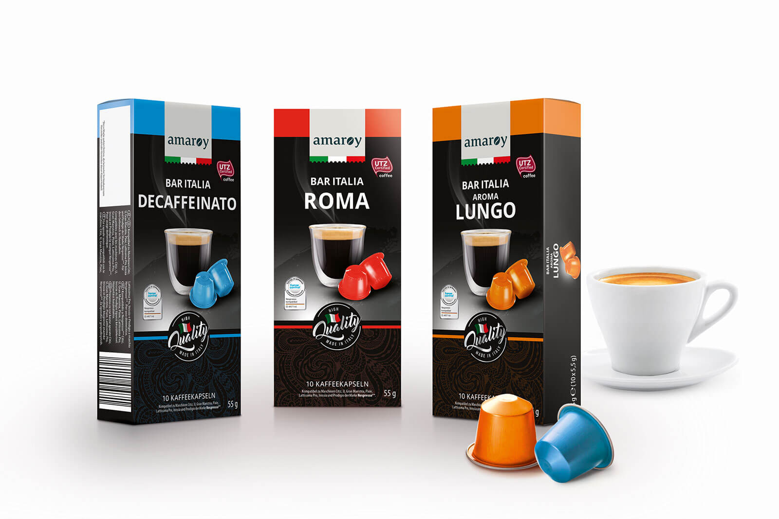 hofer amaroy kaffee kapseln bar italia roma lungo decaffeinato design packaging rubicon